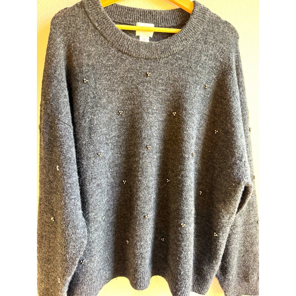 H&M Women's XL Gray Knit Crew Neck Studded Long Sleeve Pullover Sweater